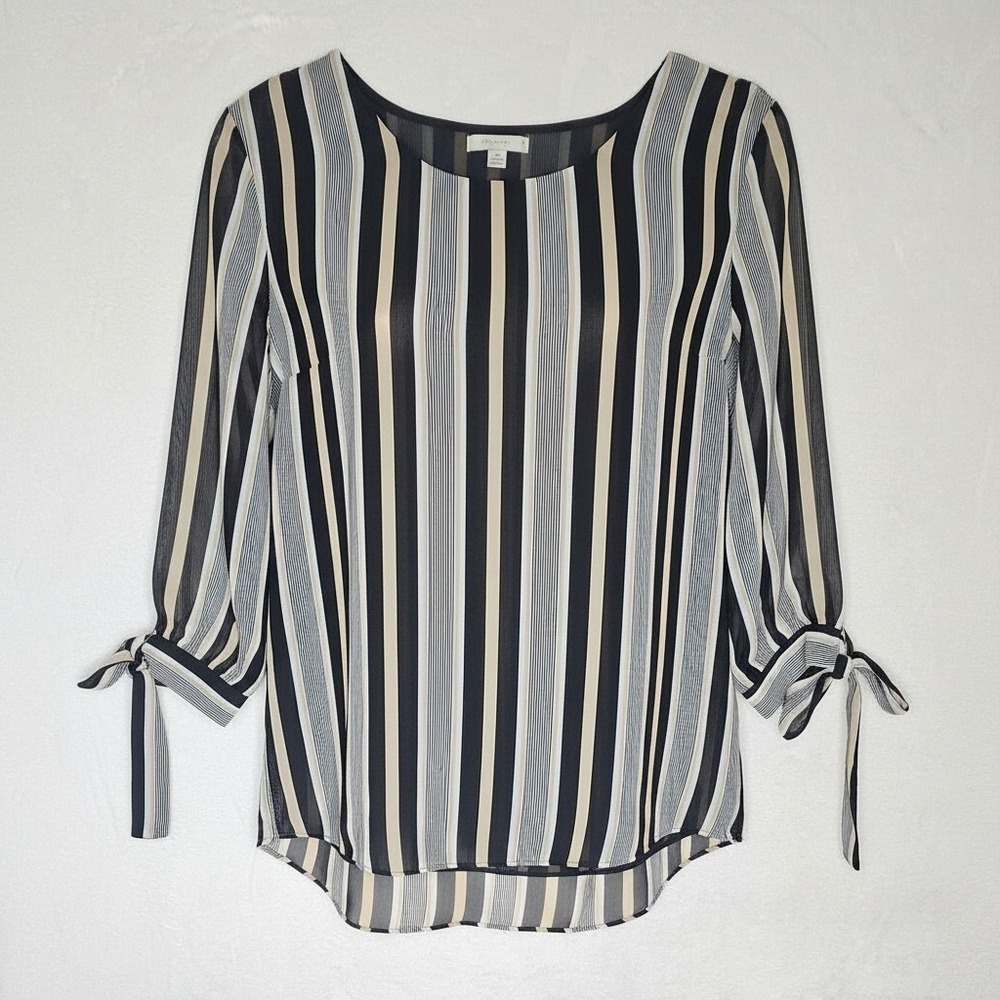 C. Est. 1946 Striped Blouse Size M Black White Tan Tie Cuff 3/4 Sleeve Top